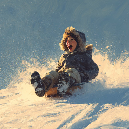 A young child in a warm coat enjoys sledding down a snowy hill on a bright winter day. The scene captures pure joy and the beauty of outdoor winter activities..の素材
