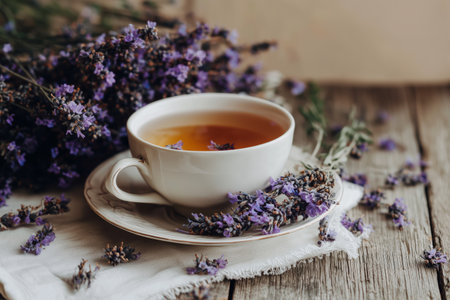 A warm cup of lavender tea sits on a rustic wooden table. Fresh lavender flowers surround the cup, creating a calming and soothing atmosphere for relaxation..の素材