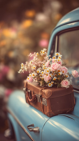 A vintage suitcase rests on a blue car, adorned with pink roses and white daisies. The setting sun casts a warm glow over a vibrant garden filled with blooming flowers.の素材