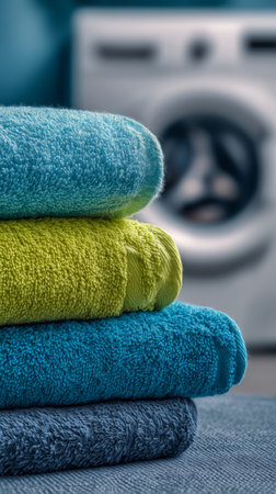 Bright towels in blue, green, and gray are neatly stacked on a table, while a washing machine is visible in the background, creating a cozy laundry environment.の素材