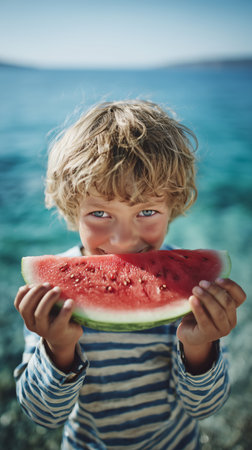 A joyful boy with curly hair holds a large slice of watermelon while standing near the clear blue sea. Bright sunlight illuminates his playful face as he enjoys a summer treat.の素材