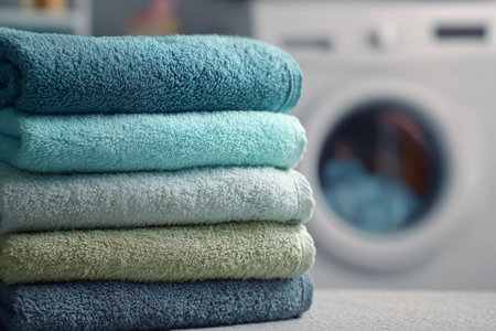 A collection of neatly stacked soft towels in various shades of blue and green sits on a countertop in a laundry room. A washing machine is visible in the background.の素材