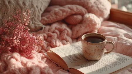 A warm space features a cup of tea on an open book surrounded by soft blankets and delicate pink flowers, inviting relaxation and enjoyment of reading.の素材