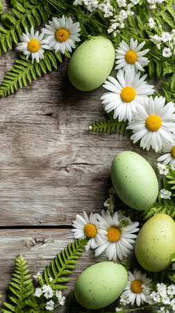 Green eggs are surrounded by fresh daisies and ferns on a wooden table. This scene captures the essence of springtime festivities and natures beauty..の素材
