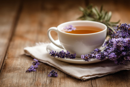 A warm cup of lavender tea sits on a rustic wooden table. Fresh lavender flowers surround the cup, creating a calming and soothing atmosphere for relaxation.の素材