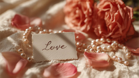 A soft pink flower rests beside a pearl bracelet and a pink note that reads love. Rose petals scatter across the smooth fabric underneath, creating a serene setting..の素材