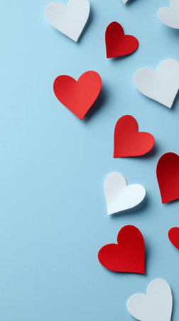 Various red and white paper hearts are scattered across a light blue surface, creating a cheerful and festive atmosphere perfect for celebrations or crafts.の素材