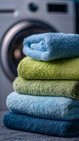 Freshly laundered towels in shades of blue and green are neatly stacked. A washing machine in the background adds context to the laundry room scene.の素材