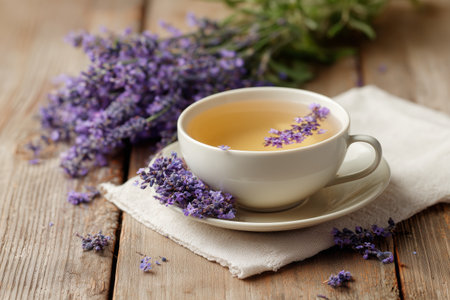 A calming scene shows a cup of lavender tea placed on a wooden table. Fresh lavender flowers surround the cup, creating a serene atmosphere perfect for relaxation..の素材