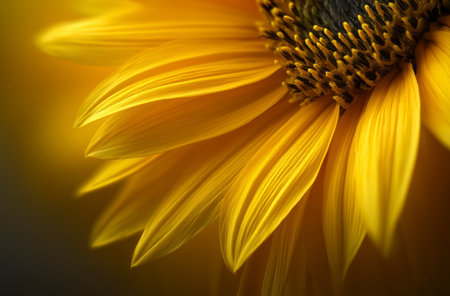 A close-up view of sunflower petals glowing in warm sunlight, revealing their rich yellow color and textured details. The scene radiates natural beauty and warmth.の素材