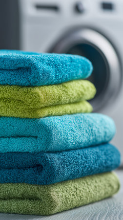 A collection of neatly stacked soft towels in various shades of blue and green sits on a countertop in a laundry room. A washing machine is visible in the background..の素材
