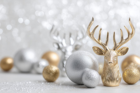 Golden and silver ornaments are scattered across a shiny surface, featuring small decorative reindeer. The scene captures the essence of holiday spirit and celebration..の素材