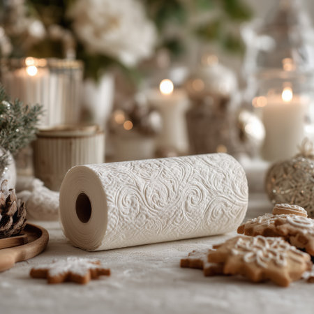 A warm winter evening setting features a roll of paper towels beside cookies, spices, and candles..の素材