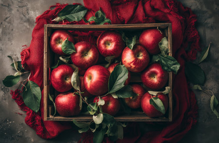 A wooden crate holds fresh, shiny red apples nestled among green leaves. The apples are arranged on a dark wooden surface and accompanied by a red cloth, creating a warm atmosphere..の素材