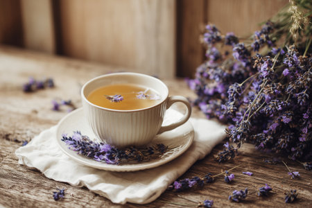 A calming scene shows a cup of lavender tea placed on a wooden table. Fresh lavender flowers surround the cup, creating a serene atmosphere perfect for relaxation.の素材