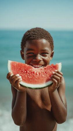 A young boy smiles brightly while holding a large slice of watermelon at the beach. The sun shines down and the ocean sparkles in the background, creating a joyful summer scene.の素材