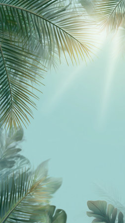 Green palm leaves gently sway as sunlight filters through them, creating a serene and refreshing atmosphere in a tropical location during the afternoon.の素材