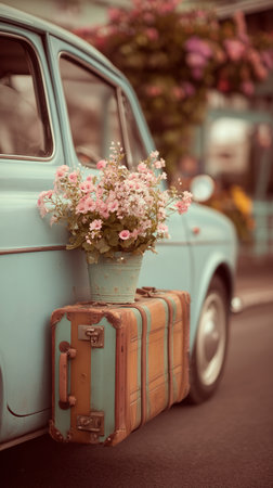 A vintage suitcase rests on a blue car, adorned with pink roses and white daisies. The setting sun casts a warm glow over a vibrant garden filled with blooming flowers..の素材