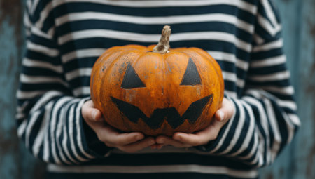 A child in a striped sweater proudly holds a carved pumpkin with a happy face. The scene captures the joy of Halloween during the autumn season, filled with bright colors..の素材