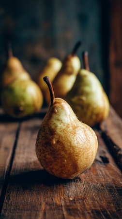 A group of ripe pears with yellowish skin rests on a rustic wooden table. Soft natural light highlights their unique shapes and textures, creating a warm atmosphere.の素材