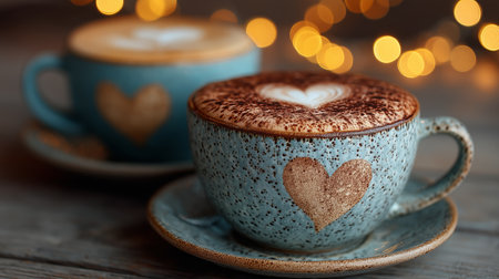 Two beautifully designed coffee cups sit on a wooden table, surrounded by soft glowing lights, creating a warm and inviting ambiance perfect for relaxation.の素材