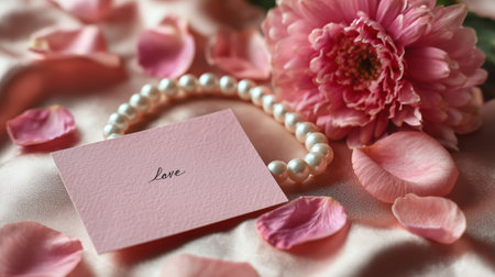 A soft pink flower rests beside a pearl bracelet and a pink note that reads love. Rose petals scatter across the smooth fabric underneath, creating a serene setting.の素材