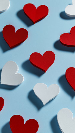 Red and white felt hearts are randomly placed on a light blue surface, creating a festive and cheerful atmosphere ideal for parties or romantic occasions..の素材