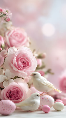 Two white birds rest on pink roses surrounded by pastel-colored eggs. The soft background features a dreamy floral theme, capturing the essence of springtime beauty..の素材