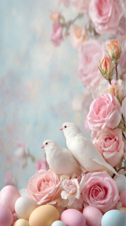 Two white birds sit among soft pink roses and colorful eggs, creating a serene scene that embodies spring and renewal. The gentle colors enhance the festive atmosphere of the setting.の素材