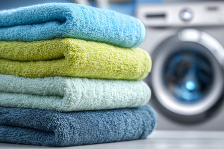 Bright towels in blue, green, and gray are neatly stacked on a table, while a washing machine is visible in the background, creating a cozy laundry environment..の素材