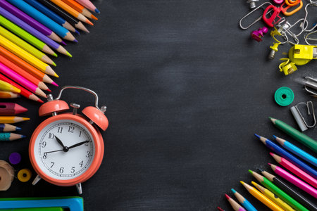 Brightly colored pencils, paperclips, and a clock surround a blank space, creating a vibrant scene ideal for school or creative projects. Time is displayed clearly..の素材