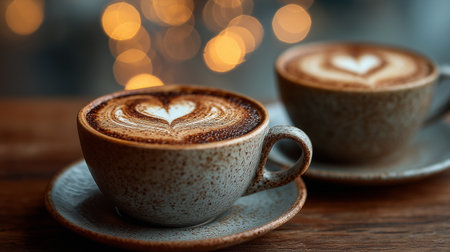 Two beautifully designed coffee cups sit on a wooden table, surrounded by soft glowing lights, creating a warm and inviting ambiance perfect for relaxation..の素材