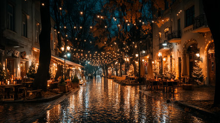 A vibrant street is adorned with twinkling lights and decorated trees, creating a cozy atmosphere. People stroll along the cobblestone path, enjoying the festive spirit in winter.の素材