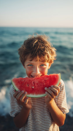 A young boy smiles brightly while holding a large slice of watermelon at the beach. The sun shines down and the ocean sparkles in the background, creating a joyful summer scene..の素材