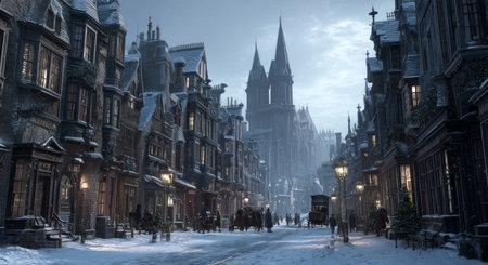 Snow blankets the quaint streets of a historic town during winter. People stroll leisurely as gas lamps illuminate the frosty scene, with towering buildings in the background.の素材