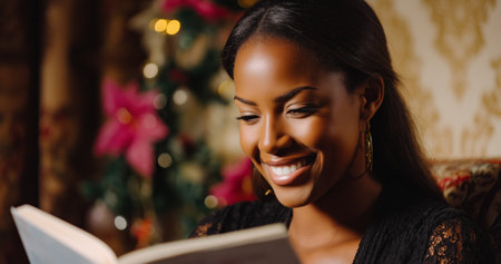 A woman sits comfortably in a decorated room, happily reading a book. A Christmas tree glows softly in the background, creating a warm and festive atmosphere.の素材