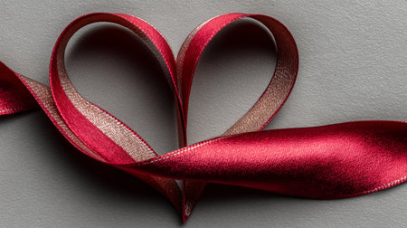 A red ribbon is skillfully arranged to form a heart shape on a textured dark surface. This charming display is perfect for a celebration, gift wrapping, or festive decoration..の素材