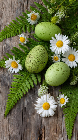Bright green eggs are surrounded by fresh ferns and white daisies, creating a vibrant springtime display on a light wooden surface. The scene captures the essence of seasonal renewal..の素材