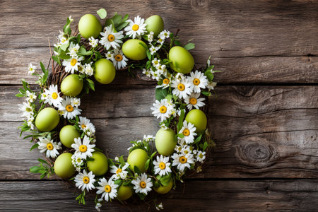 A circular wreath decorated with pastel-colored eggs and white daisies rests on a weathered wooden surface, symbolizing spring and renewal during the festive season..の素材