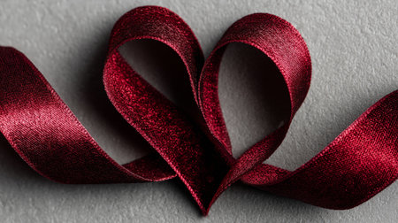 A deep red ribbon is twisted to create a heart shape on a smooth gray surface. The soft fabric glimmers, highlighting its rich color in a simple yet elegant design.の素材