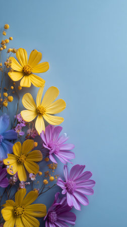 Colorful flowers in shades of yellow, pink, and blue are arranged on a light blue background, creating a cheerful spring atmosphere. Perfect for adding a touch of nature to any space.の素材