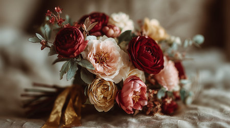 This stunning bouquet features a mix of roses and other blooms, showcasing rich colors and a touch of greenery, perfect for a romantic celebration or decoration in a calm atmosphere.の素材