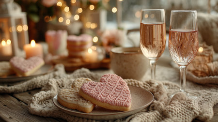 Heart-shaped cookies with pink icing sit on a plate beside two glasses of sparkling wine. The warm atmosphere features soft lighting and decorative elements for a romantic evening.の素材
