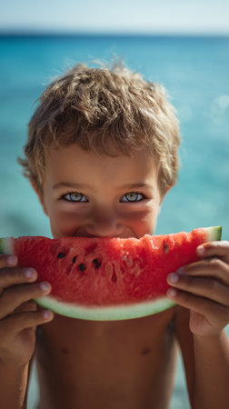A joyful boy with curly hair holds a large slice of watermelon while standing near the clear blue sea. Bright sunlight illuminates his playful face as he enjoys a summer treat..の素材