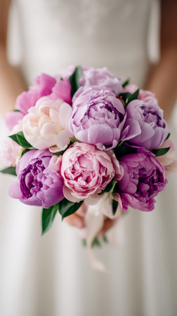 A bride holds a bouquet of peonies in shades of pink and purple. This lovely moment captures the joy of a wedding day surrounded by natures beauty.の素材