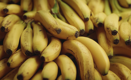 Bright yellow bananas fill a display in a grocery store, showing their freshness. Customers can choose from a variety of ripe fruit for snacking or smoothie making.の素材