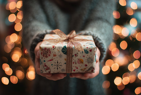 A person holds a beautifully wrapped gift with a shiny bow in a warm, cozy indoor space filled with glowing lights and holiday decor. The atmosphere is cheerful and inviting.の素材