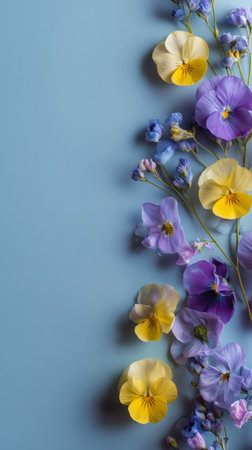 A vibrant mix of purple and yellow flowers fills one corner, showcasing daisies, chrysanthemums, and various petals against a soft blue background..の素材