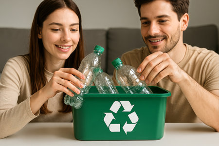 Smiling couple places plastic bottles into a green recycling bin at their home. They engage in eco-friendly habits together, promoting sustainability and waste reduction.の素材