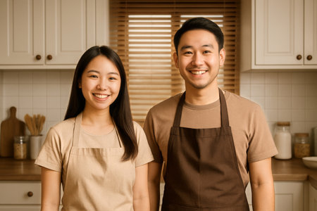 A cheerful couple stands together in a cozy kitchen, wearing matching aprons. The space is bright, with sunlight streaming through the window and wooden cabinets in the background..の素材